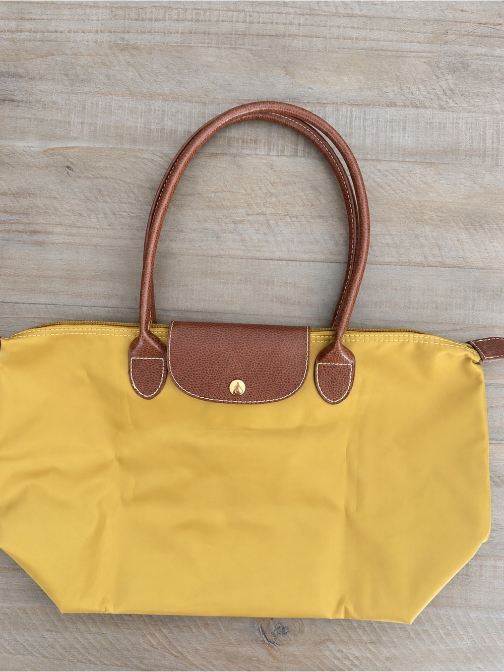 Mustard Yellow Foldable Nylon Tote Brown Trim Travel Shoulder Bag